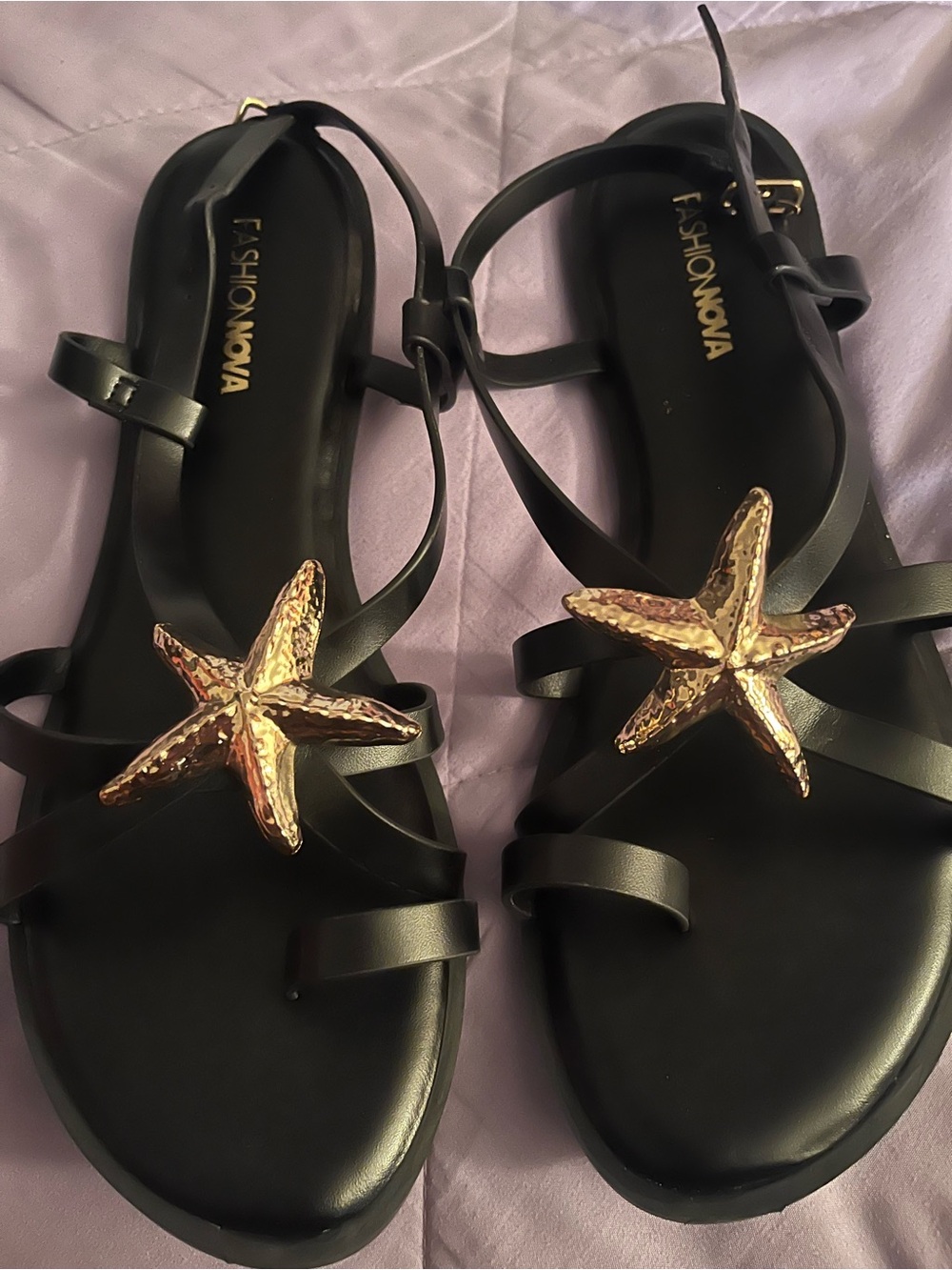 Fashion Nova Black Sandals with Gold Starfish Embellishments